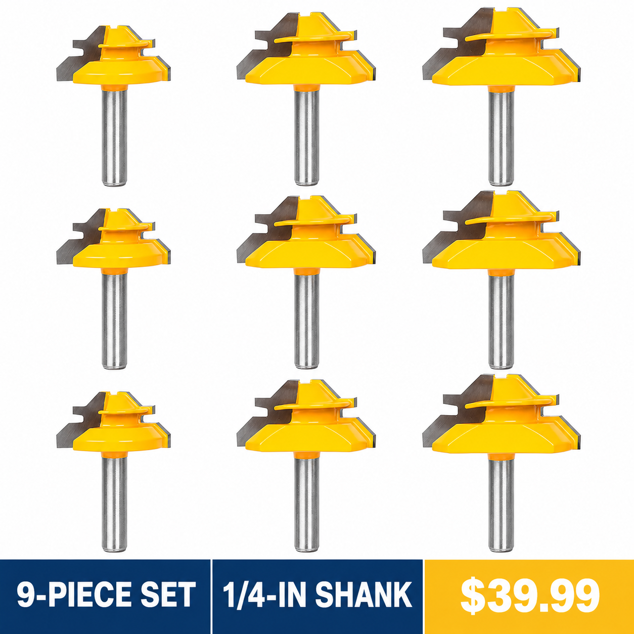9-piece 45 degree lock miter router bit set with 1/4 inch shanks