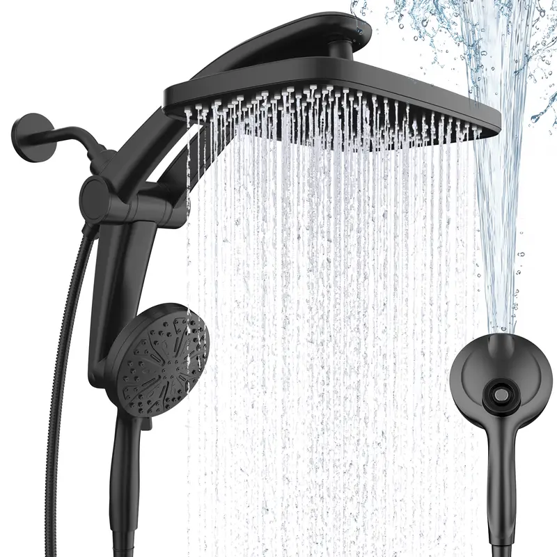 12-Inch Magnetic Dual Rain Shower Head Combo with Handheld Sprayer - Black