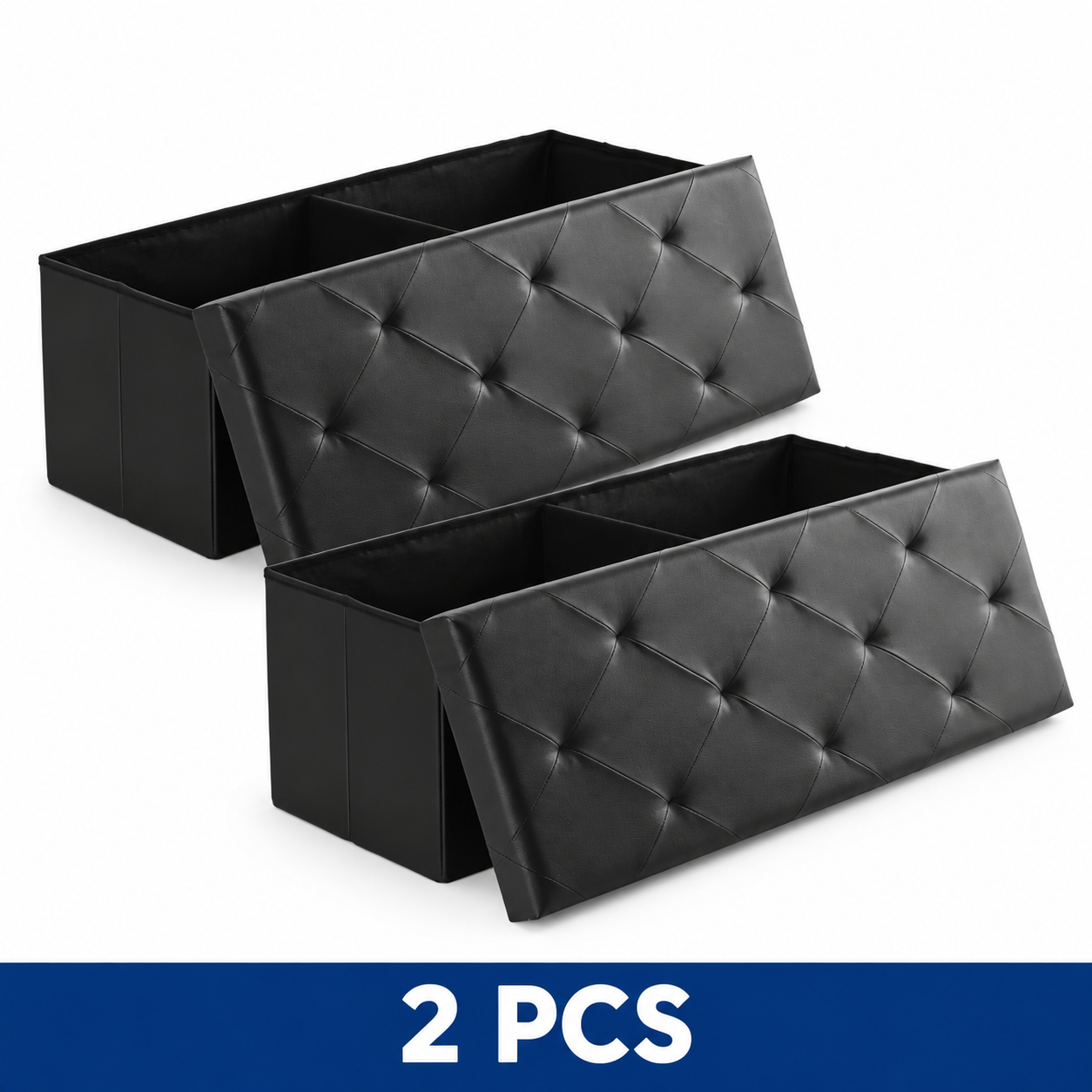 43-Inch Folding Storage Ottoman Bench with Padded Seat - 43IN Black Leather – 2-Piece Set