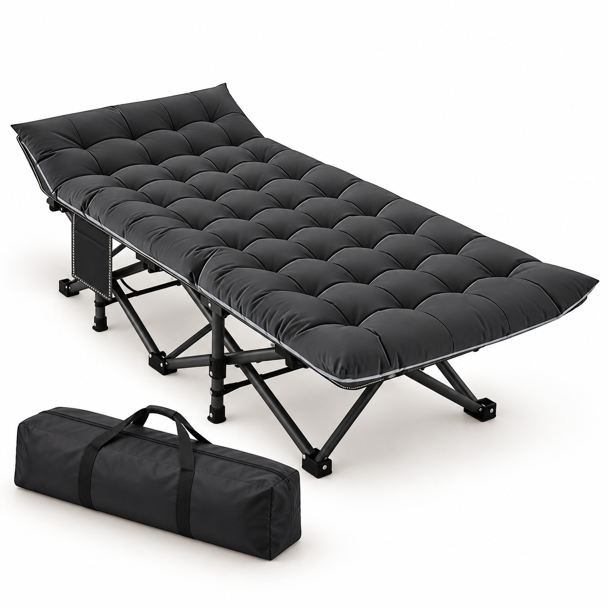 Portable Folding Camping Cot with Reversible Mattress and Carry Bag in standard black