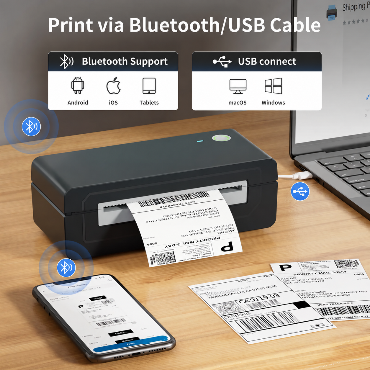 Bluetooth and USB printing connections