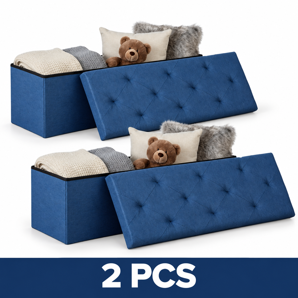 43-Inch Folding Storage Ottoman Bench with Padded Seat - 43IN Blue Fabric – 2-Piece Set