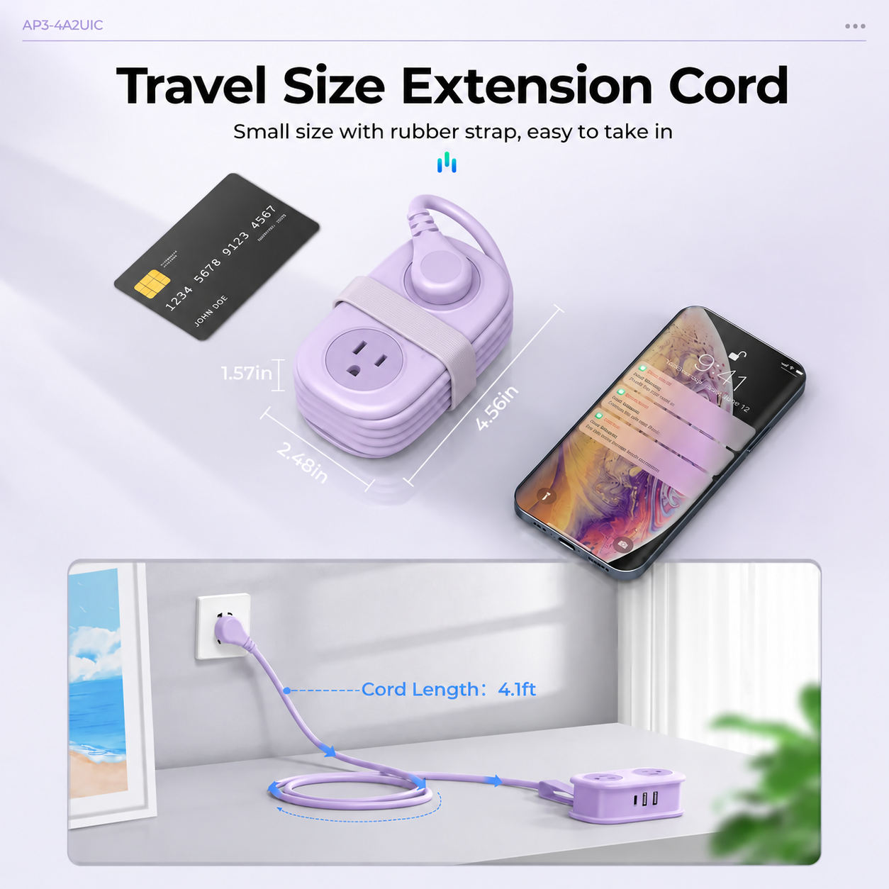 Compact travel extension cord with a 4.1 ft cable