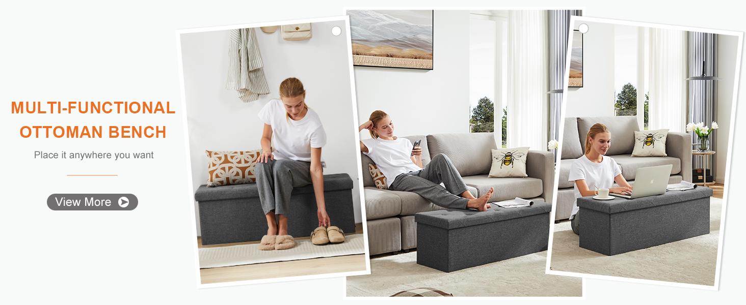 43-Inch Folding Storage Ottoman Bench with Padded Seat lifestyle and use image 2