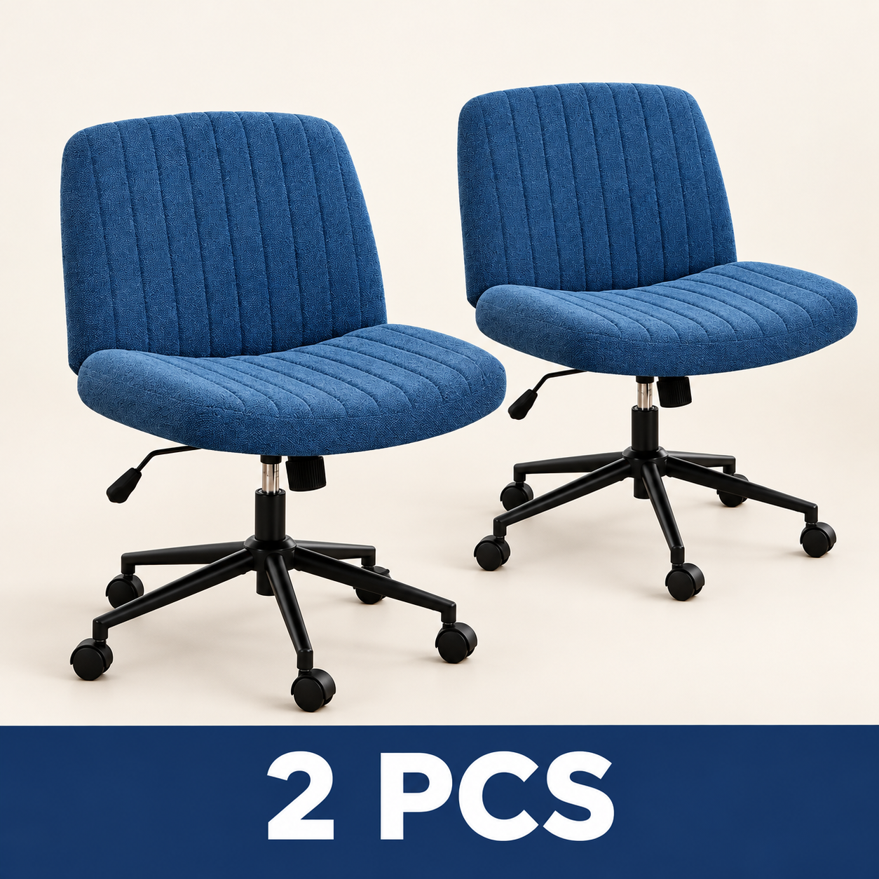 Wide Armless Cross-Legged Office Chair with Wheels - Blue - Fabric - 2 PCS
