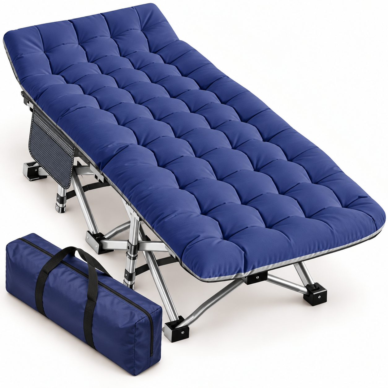 Portable Folding Camping Cot with Reversible Mattress and Carry Bag in oversized XXL blue