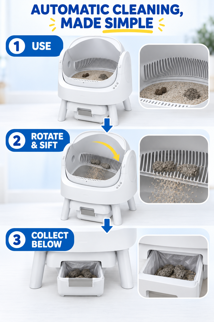 Three-step automatic litter box cleaning workflow