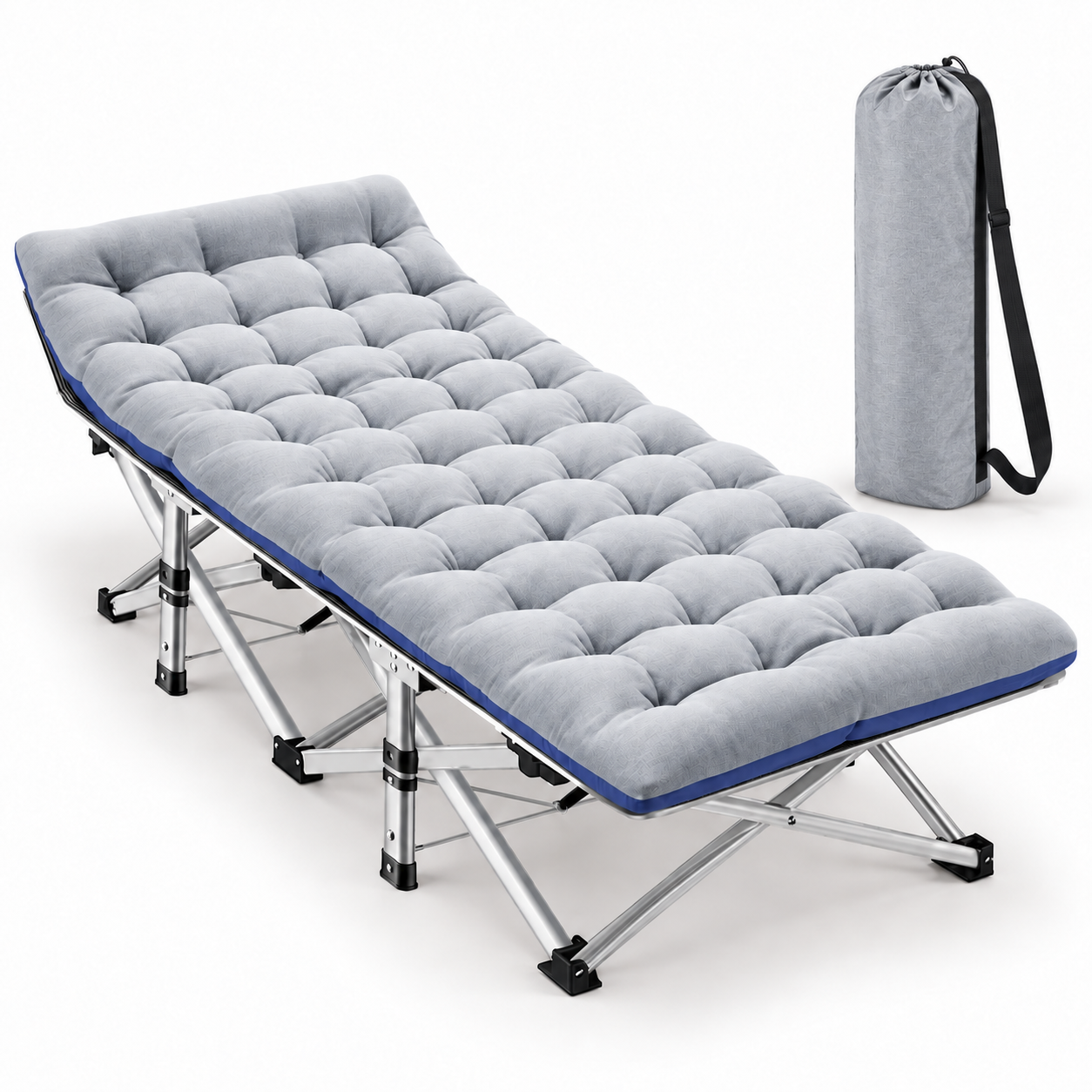 Portable Folding Camping Cot with Reversible Mattress and Carry Bag in standard gray