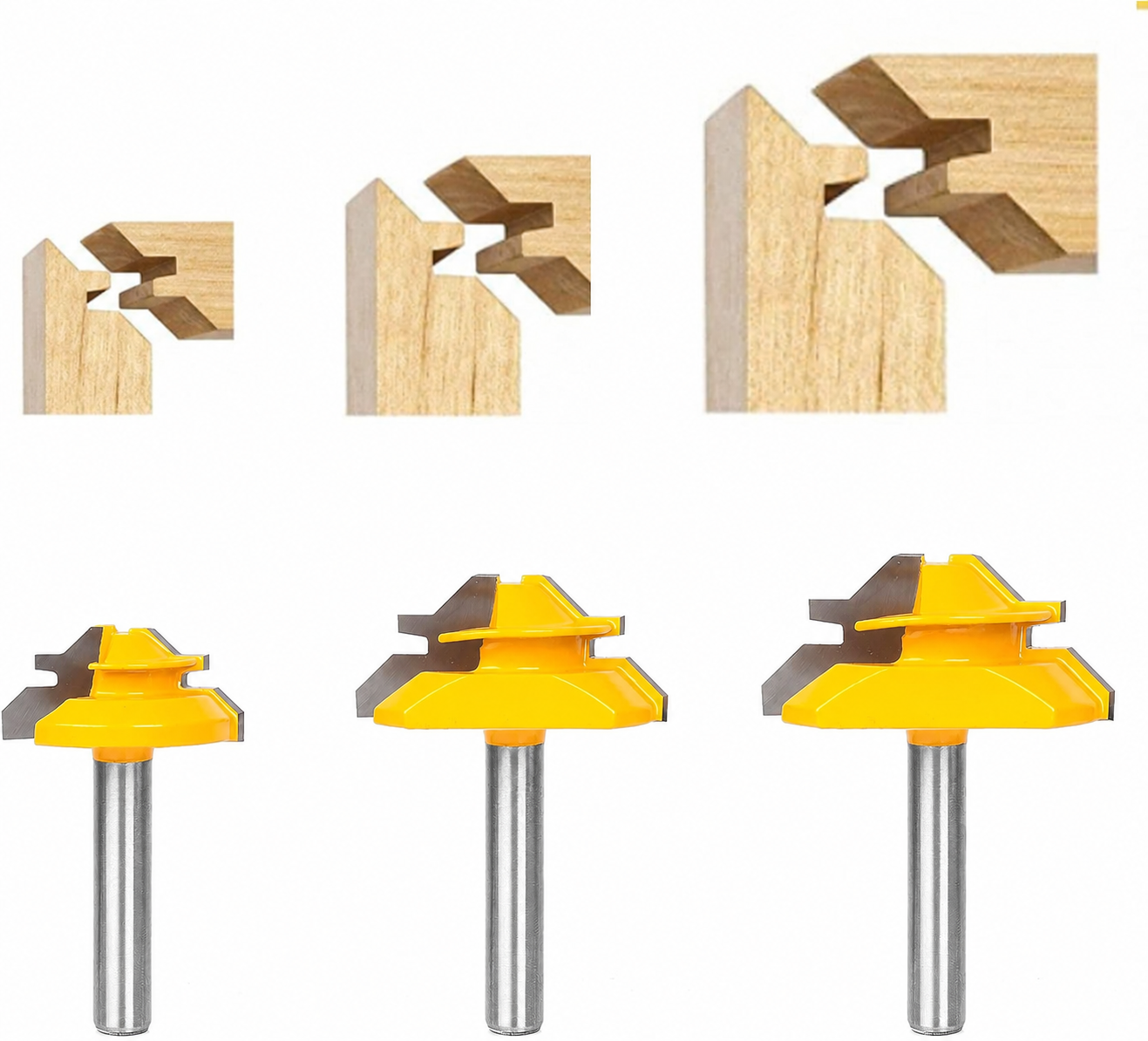 Three-piece 45 degree lock miter router bit set with sample corner joints