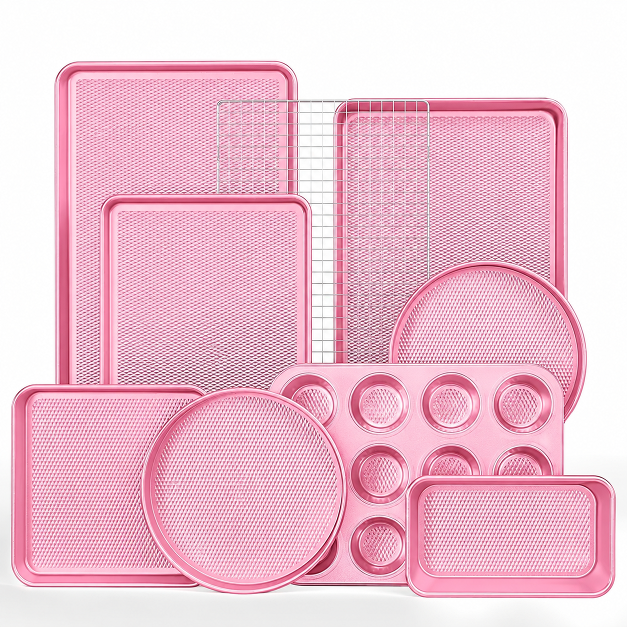 9-Piece Diamond-Texture Nonstick Bakeware Set - Pink