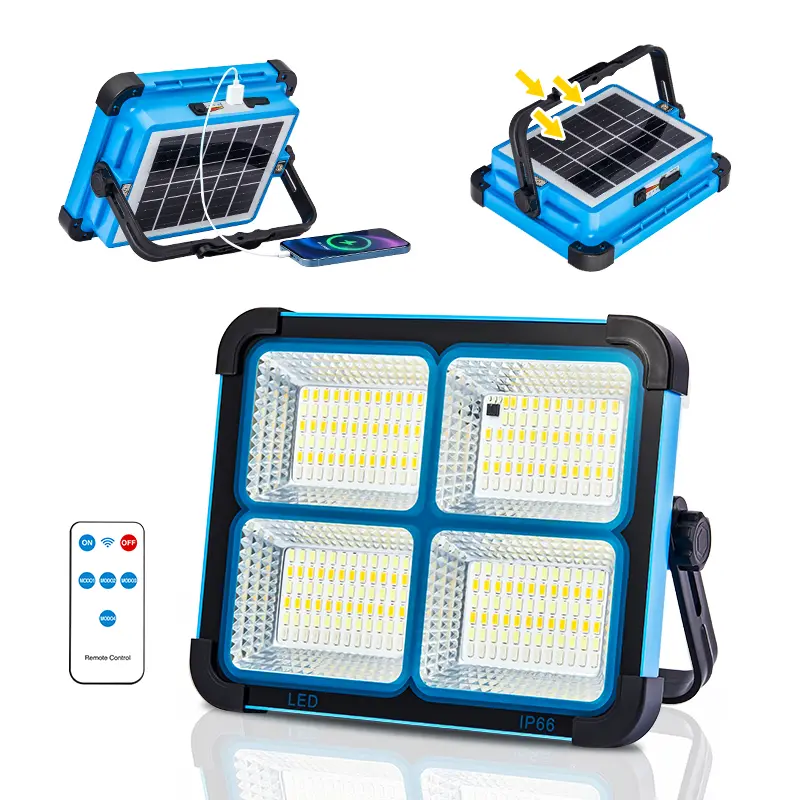 Solar Rechargeable LED Work Light with Adjustable Stand with solar panel, remote, and charging cable