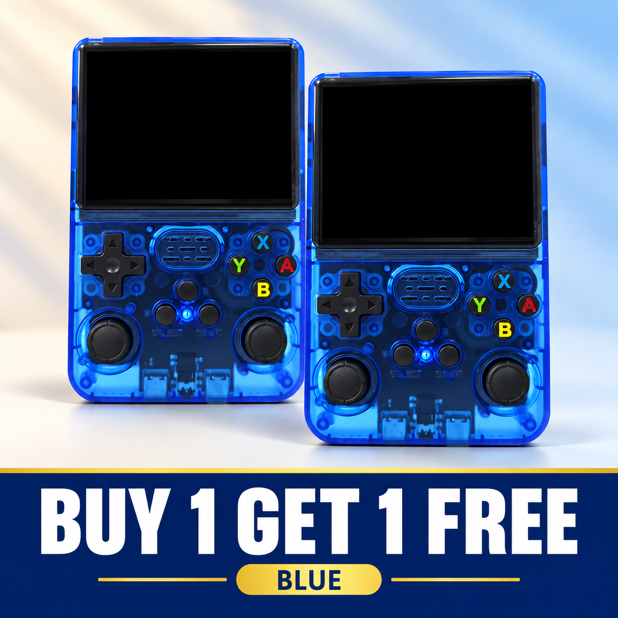 Blue handheld console buy one get one free