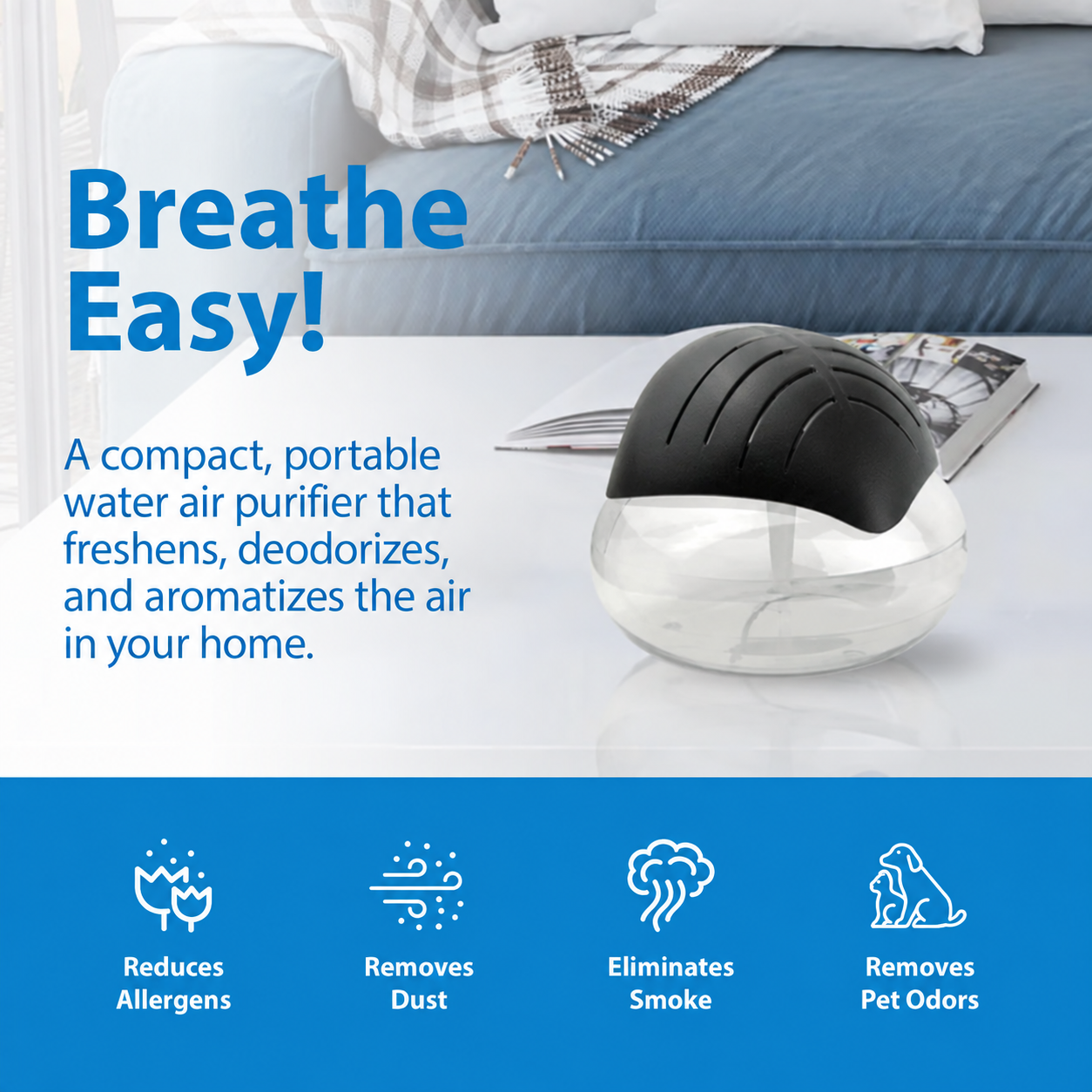 Compact portable water air purifier features