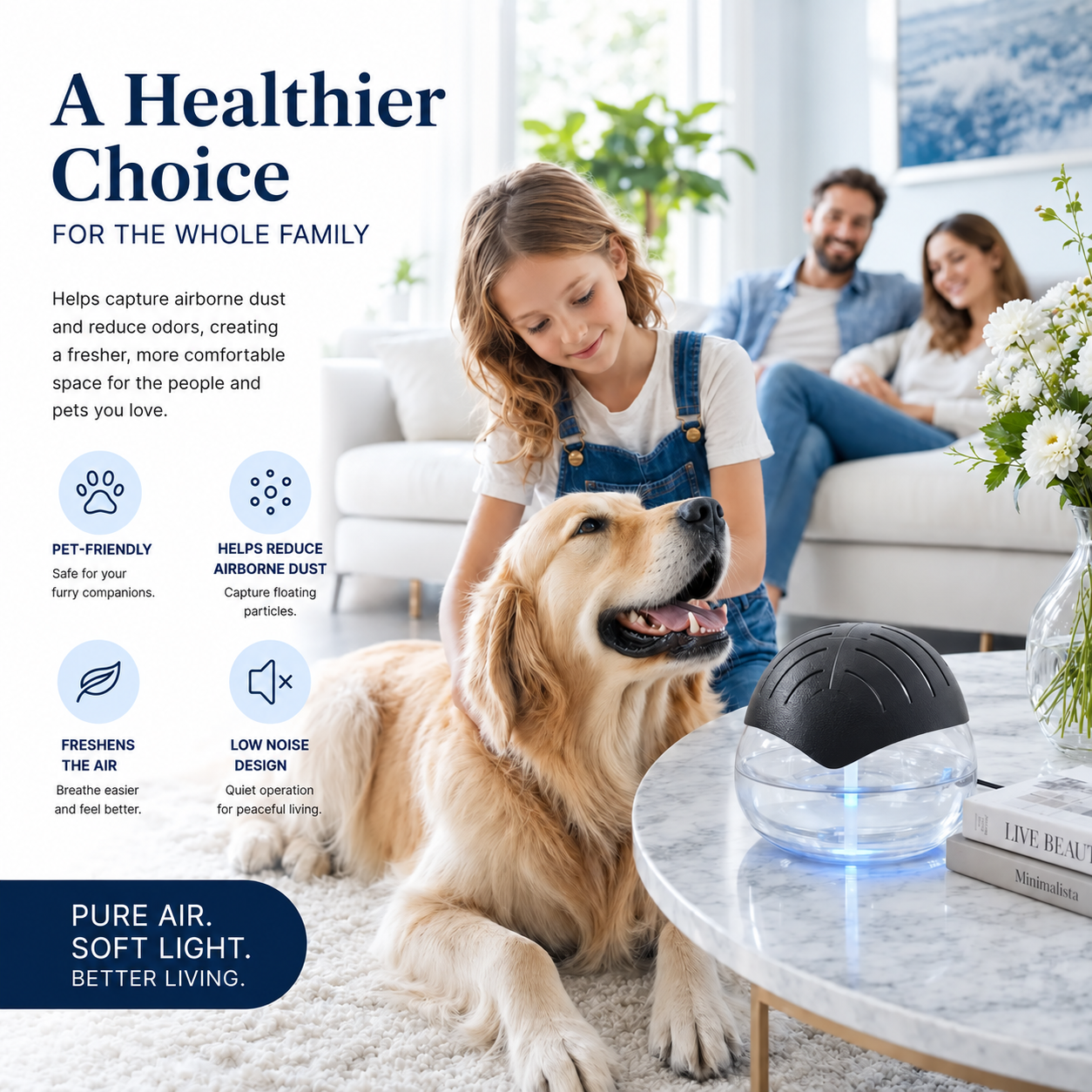 Quiet water-based air purifier for family and pet spaces