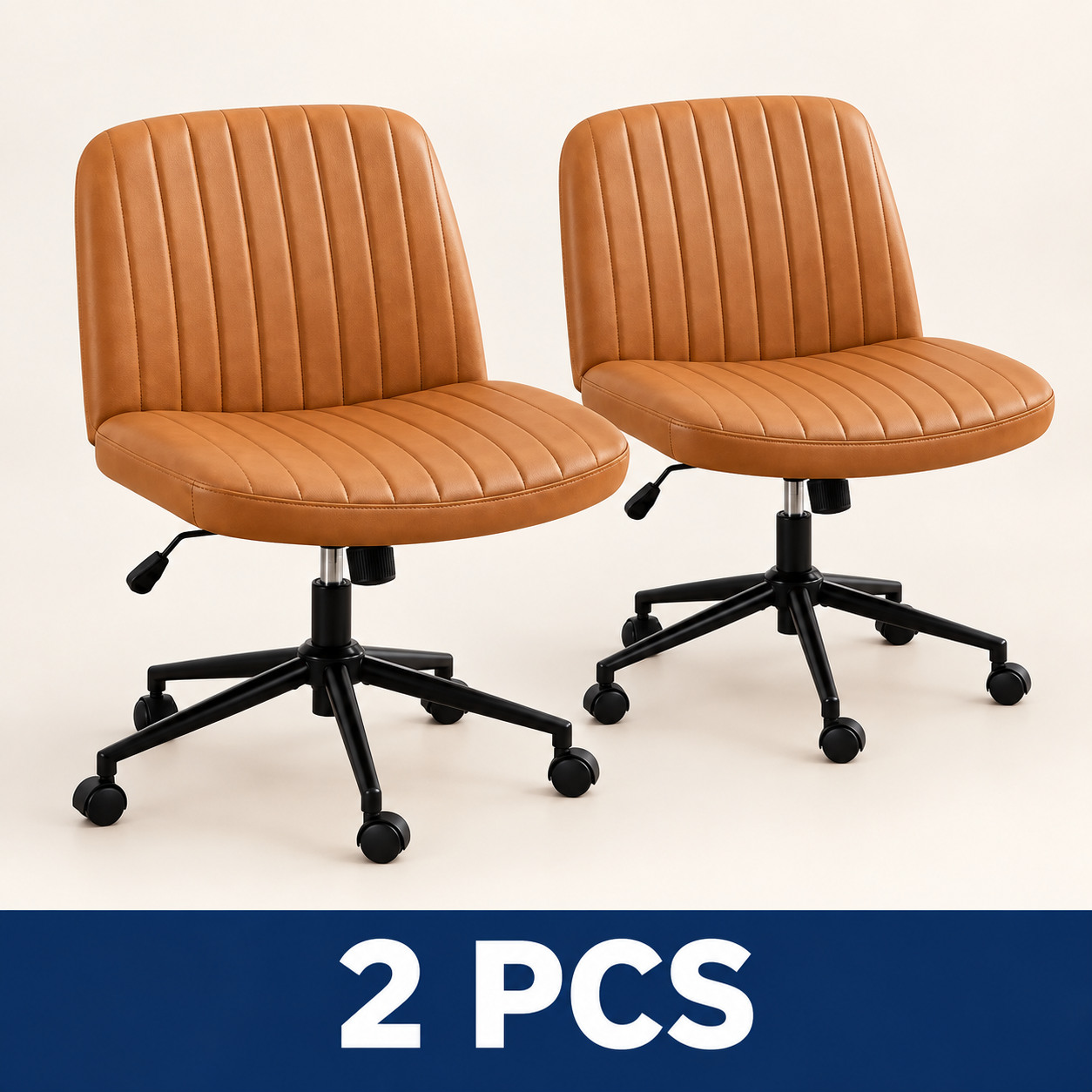 Wide Armless Cross-Legged Office Chair with Wheels - Brown - Leather - 2 PCS