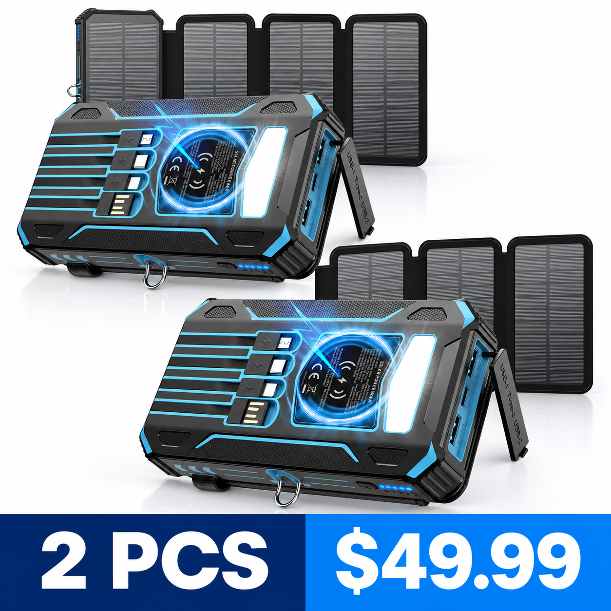 Blue-48000mAh 48000mAh folding solar power bank 2 PCS bundle $49.99