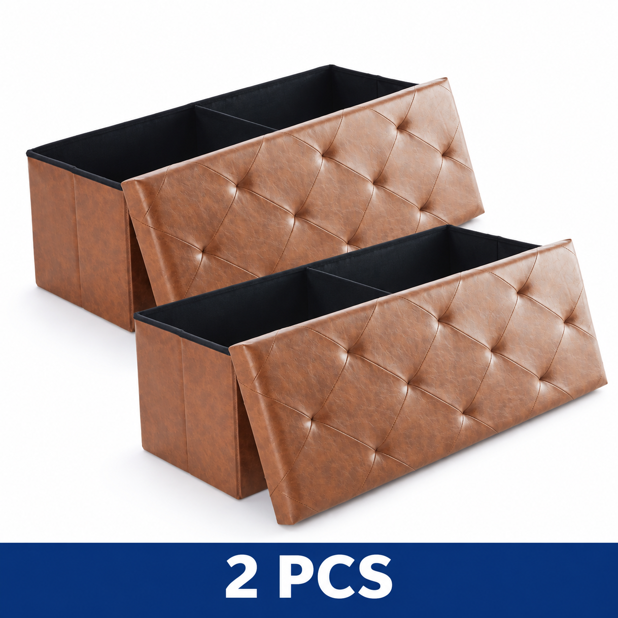 43-Inch Folding Storage Ottoman Bench with Padded Seat - 43IN Brown Leather – 2-Piece Set