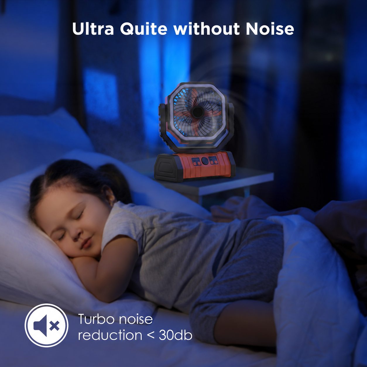 Quiet camping fan for nighttime and sleep use - logo free