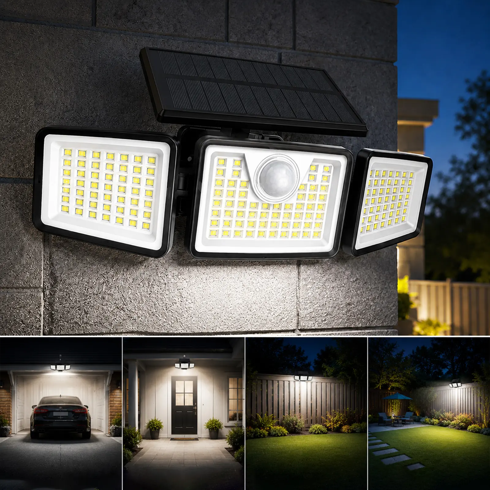 Solar Motion Sensor Security Light with 3 Adjustable Heads