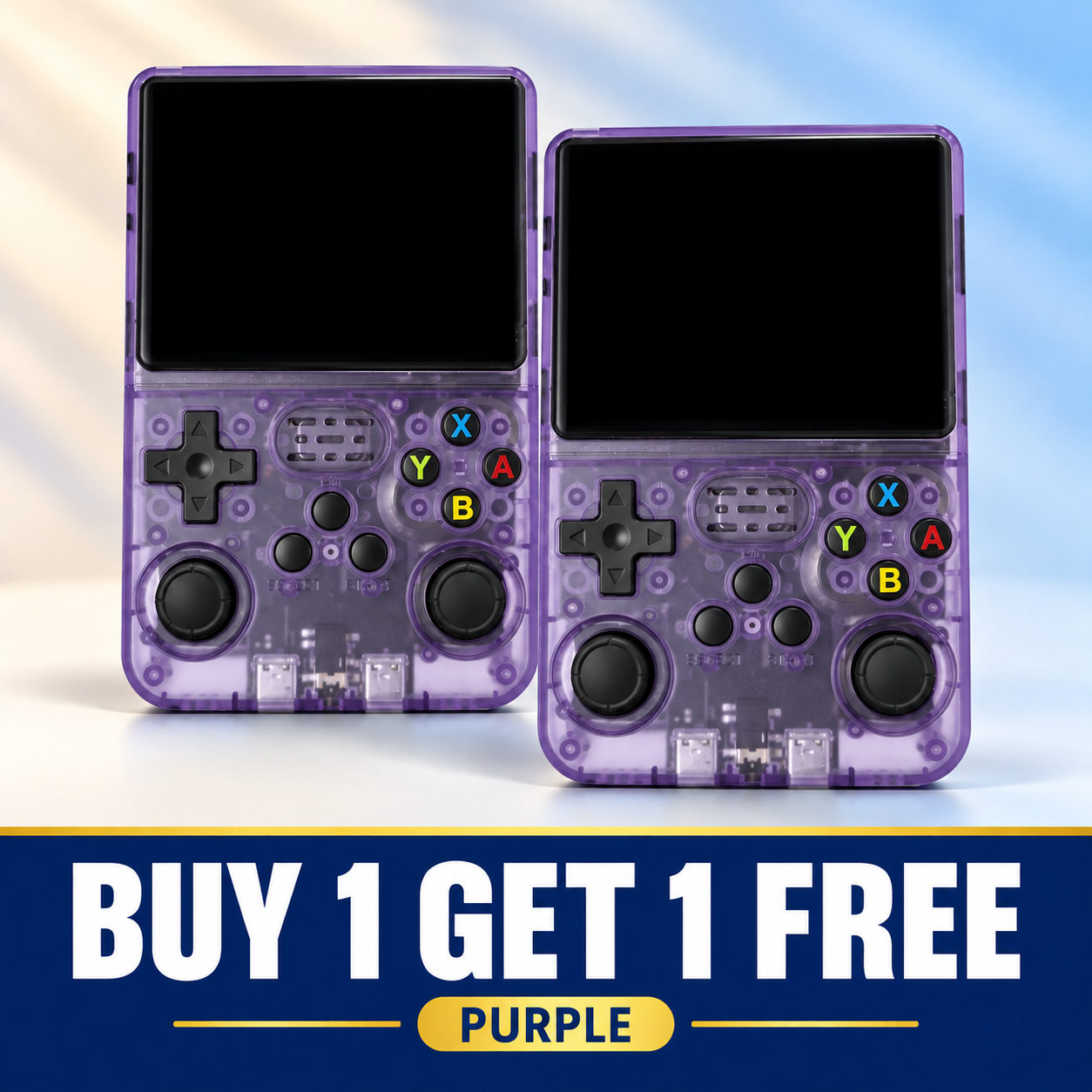 Purple handheld console buy one get one free
