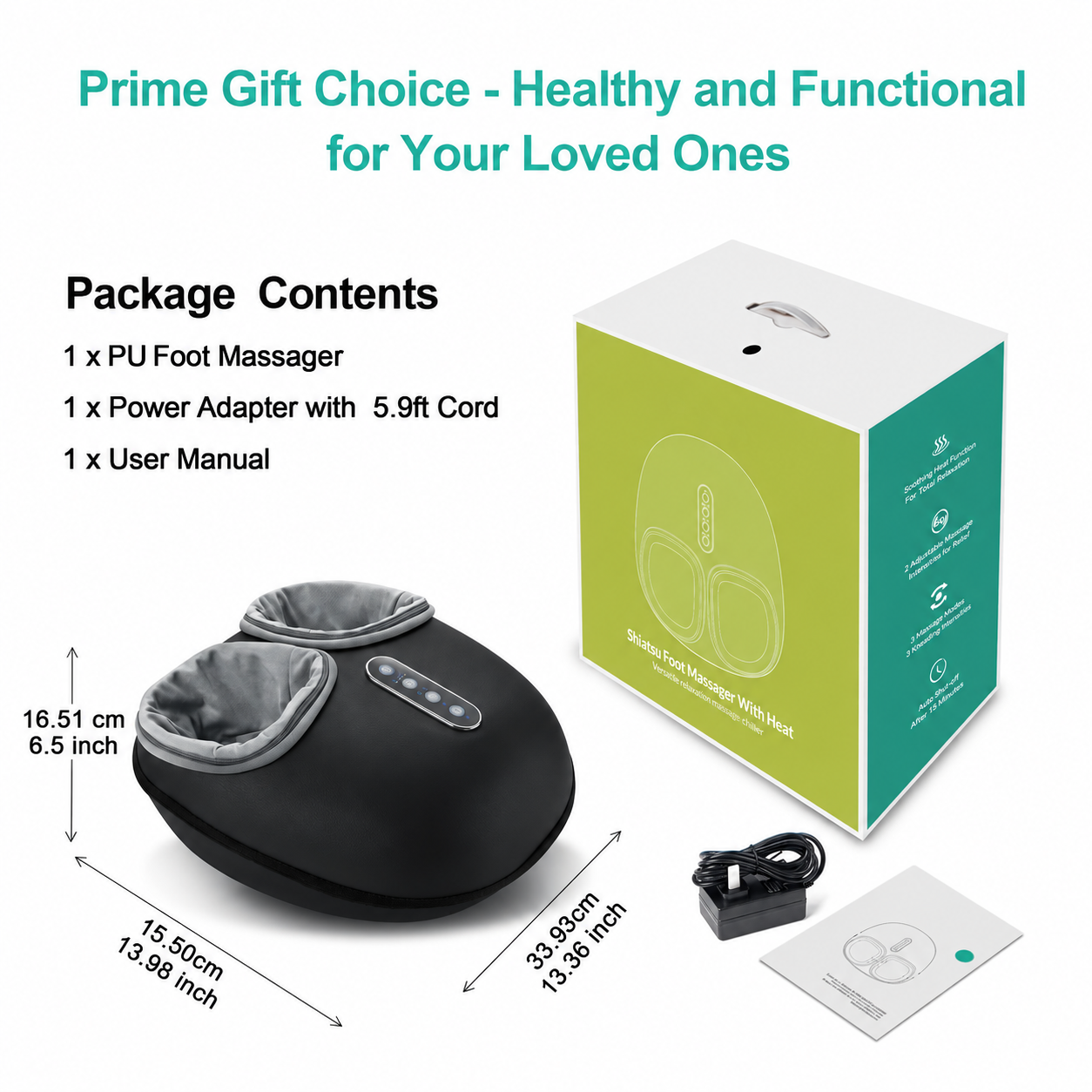 Foot massager package contents and dimensions