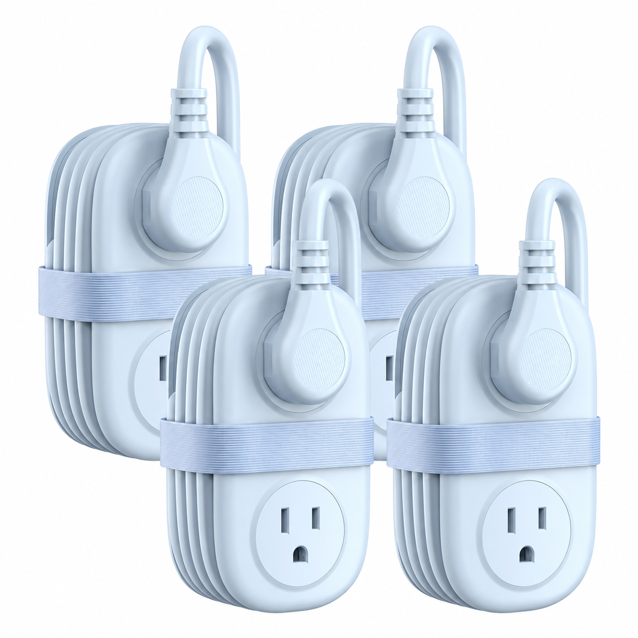 Blue four-pack compact travel power strips with all body logos removed