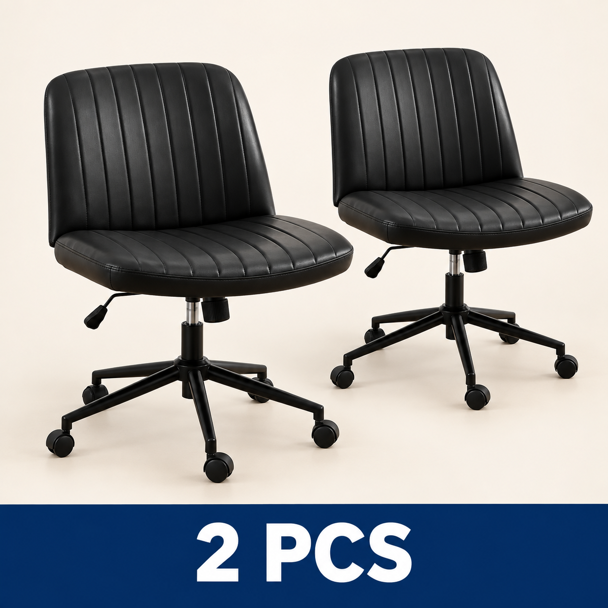 Wide Armless Cross-Legged Office Chair with Wheels - Black - Leather - 2 PCS