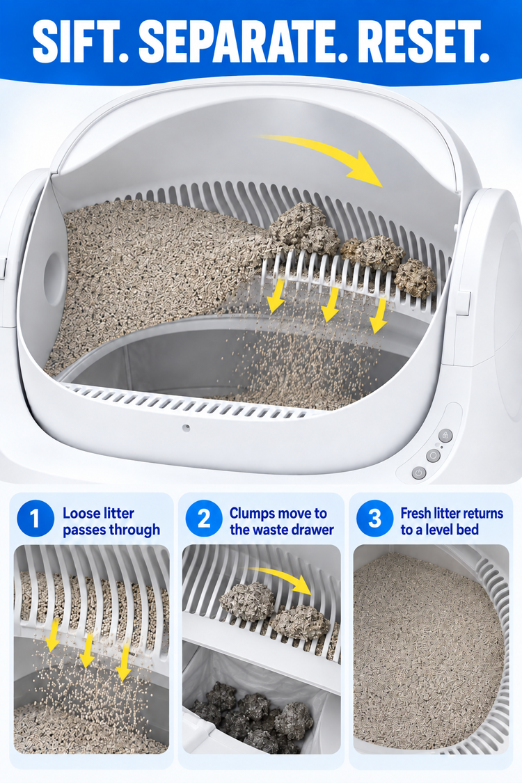 Rotating litter sifting and clump separation mechanism