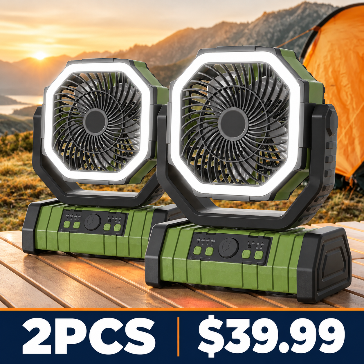 20000mAh Rechargeable Camping Fan with LED Light & Oscillation - Green - 2PCS - $39.99