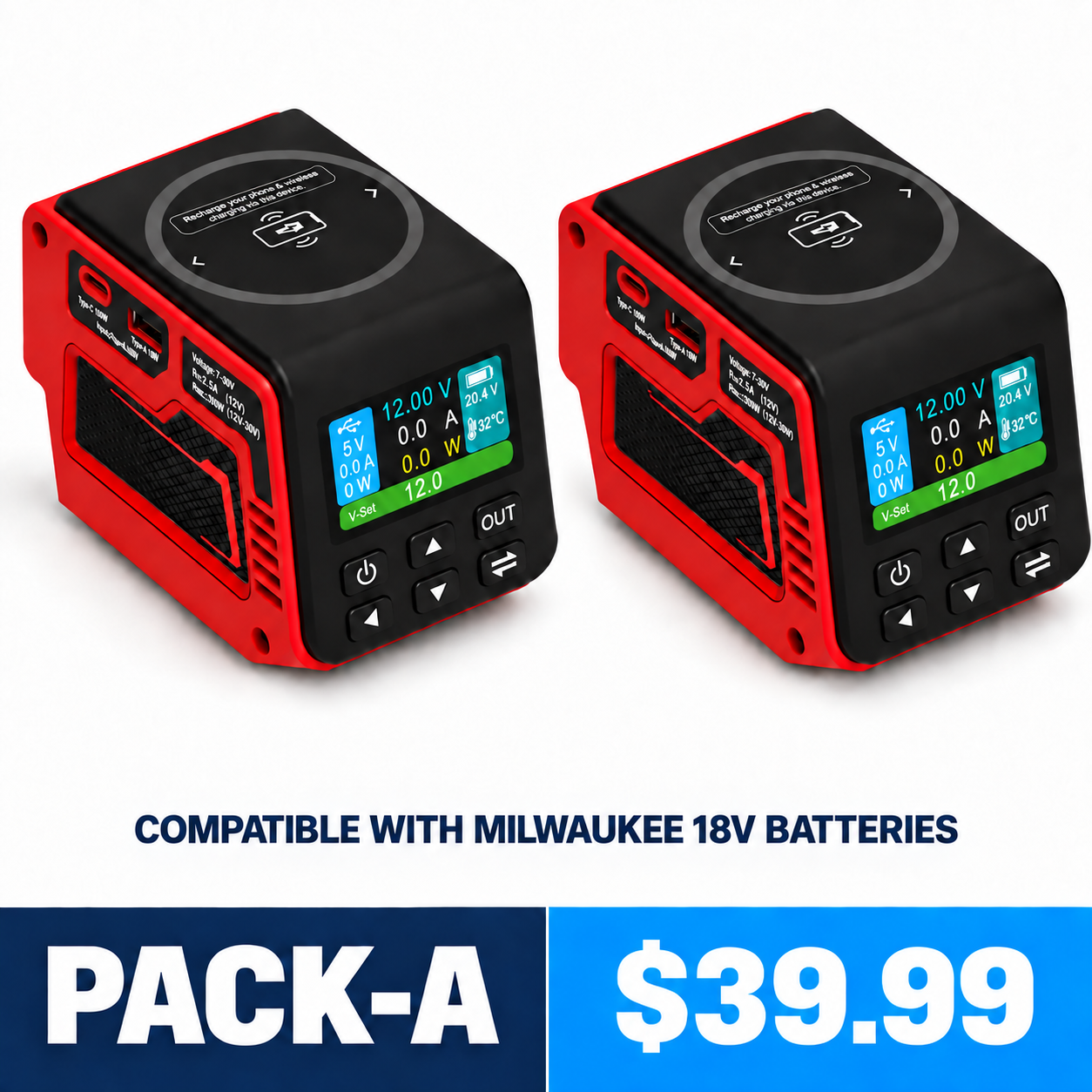 PACK-A two-piece red adjustable DC voltage regulator bundle compatible with Milwaukee 18V batteries - $39.99