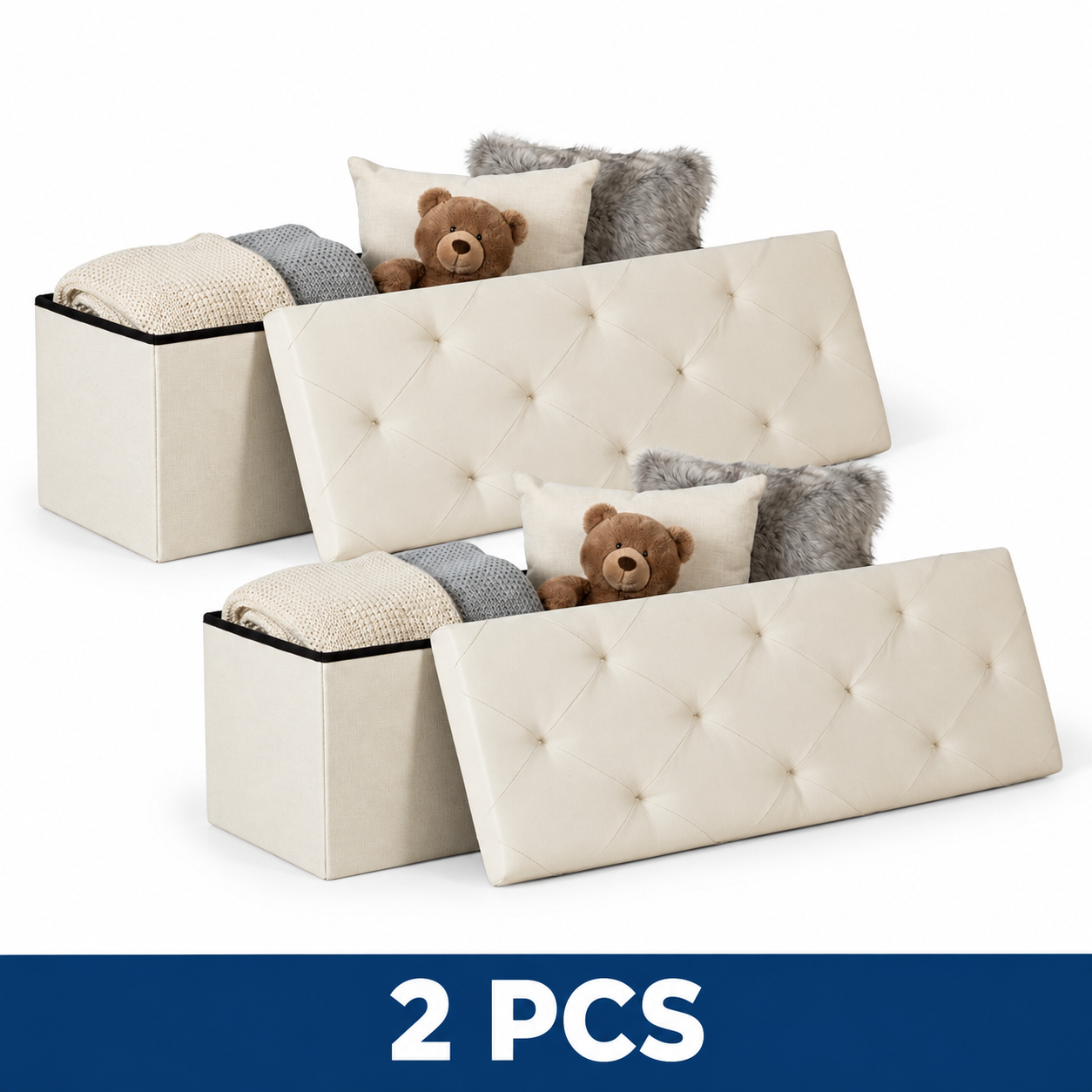 43-Inch Folding Storage Ottoman Bench with Padded Seat - 43IN Beige Fabric – 2-Piece Set
