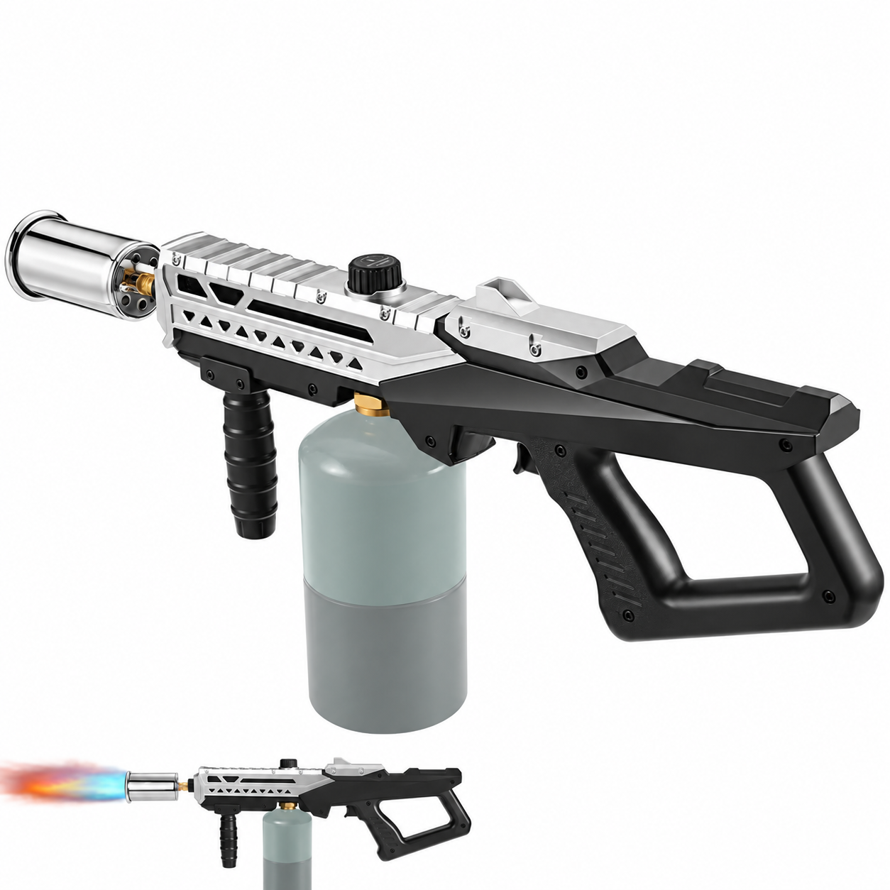 Adjustable flame propane torch gun on a plain background