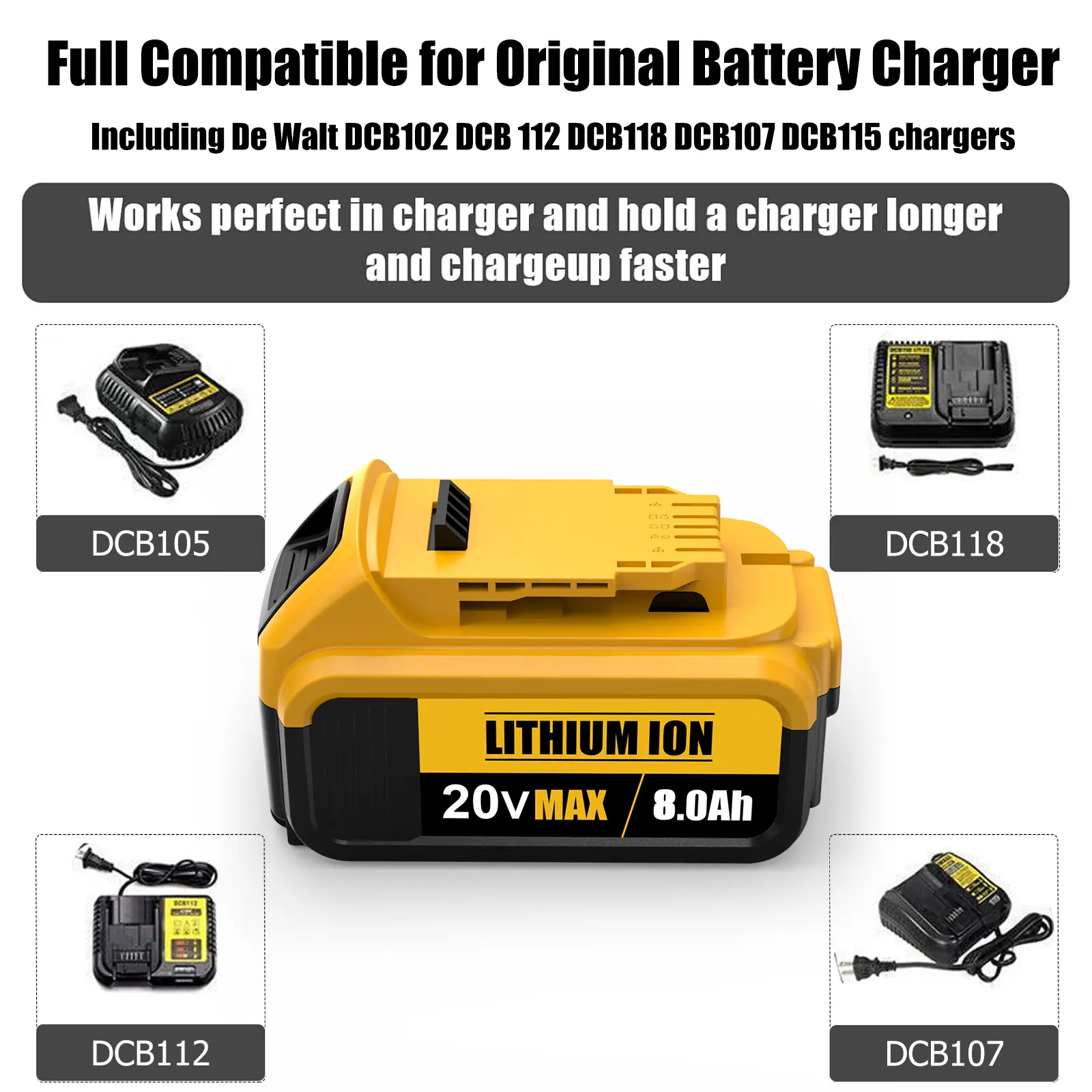 20V 8.0Ah Lithium-Ion Replacement Battery for Select DeWalt Tools charger compatibility reference