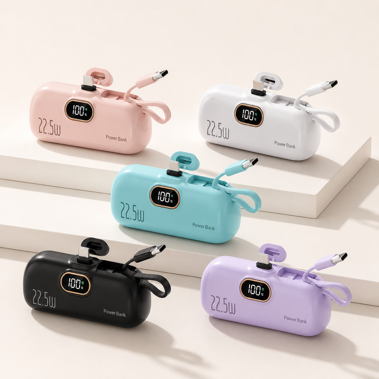5000mAh Mini Portable Charger with 22.5W Fast Charging - 5 PACK-A - Pink, White, Blue, Black, Purple