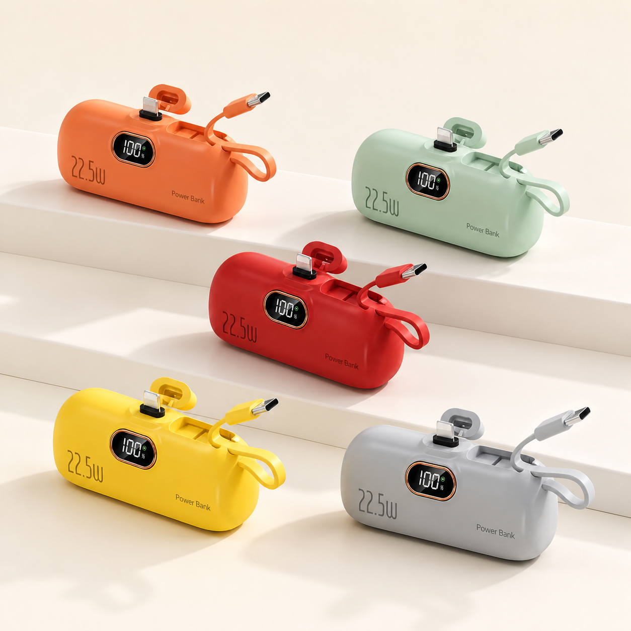 5000mAh Mini Portable Charger with 22.5W Fast Charging - 5 PACK-B - Orange, Mint Green, Red, Yellow, Silver