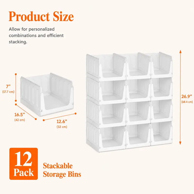 Stackable Closet Organizer Bins – Space-Saving Multipurpose Storage Set - 12 Pack