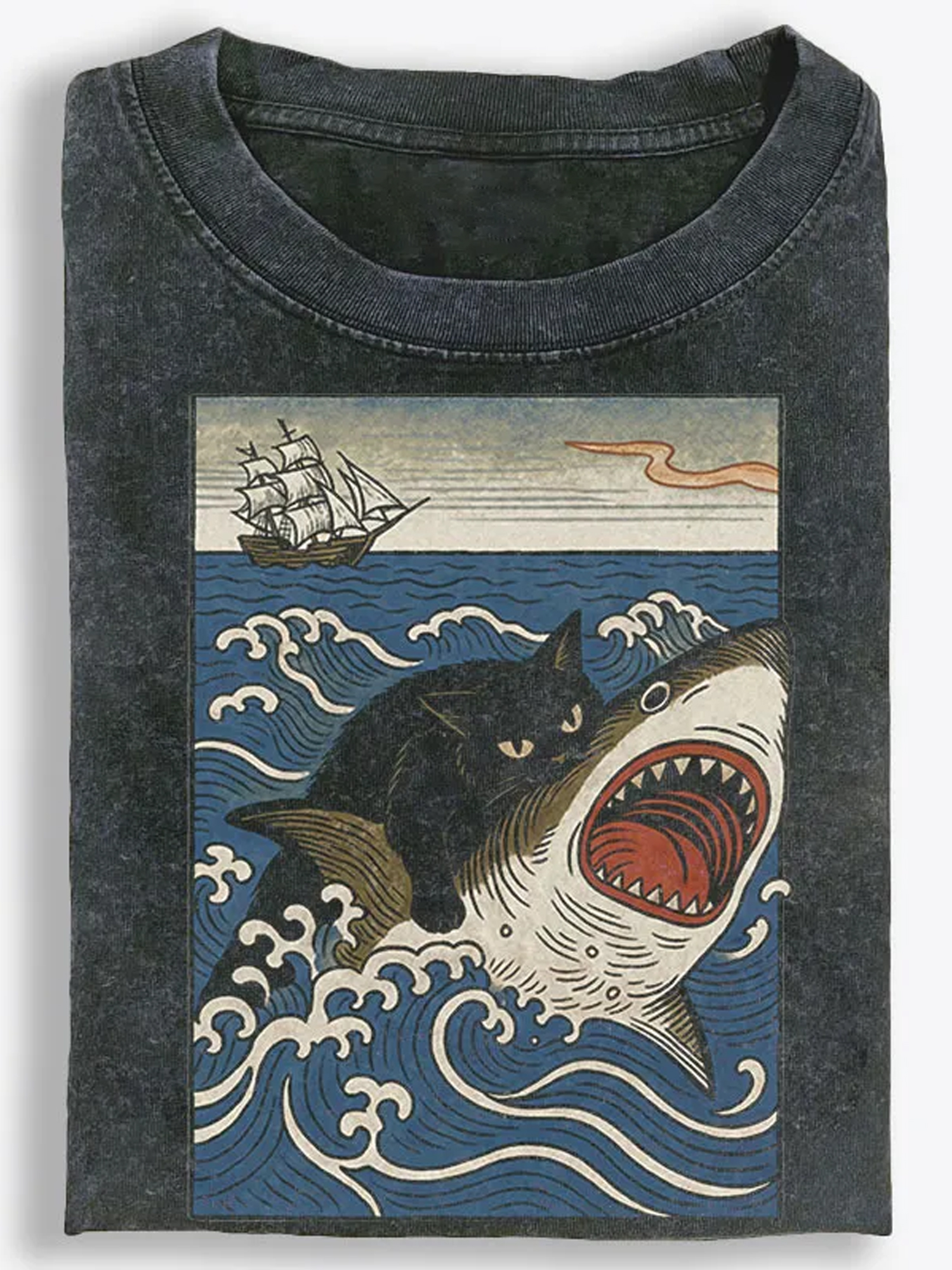 Cat Riding Shark Vintage Washed T-Shirt