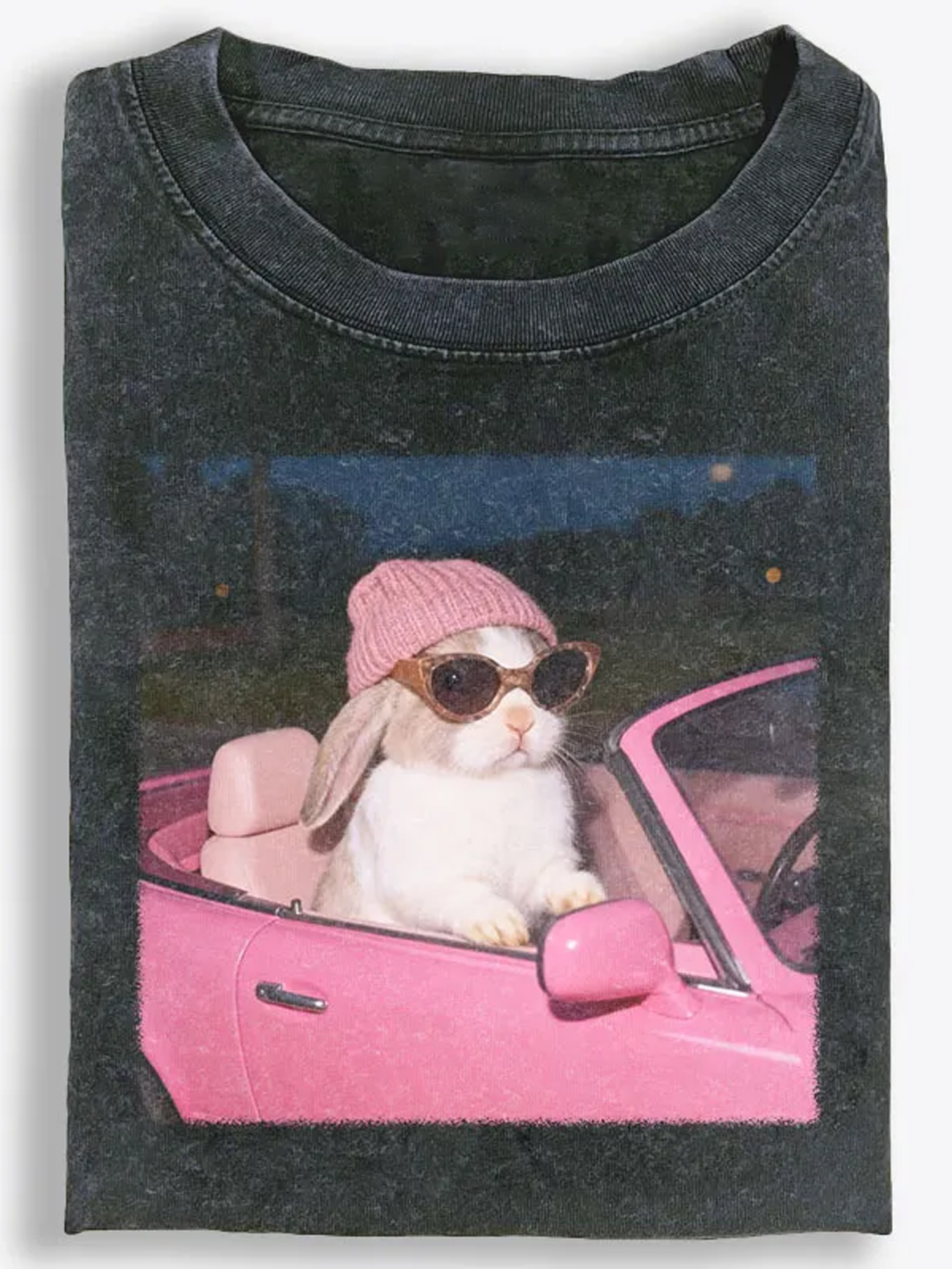 Bunny Driving Pink Car Vintage Washed T-Shirt 
