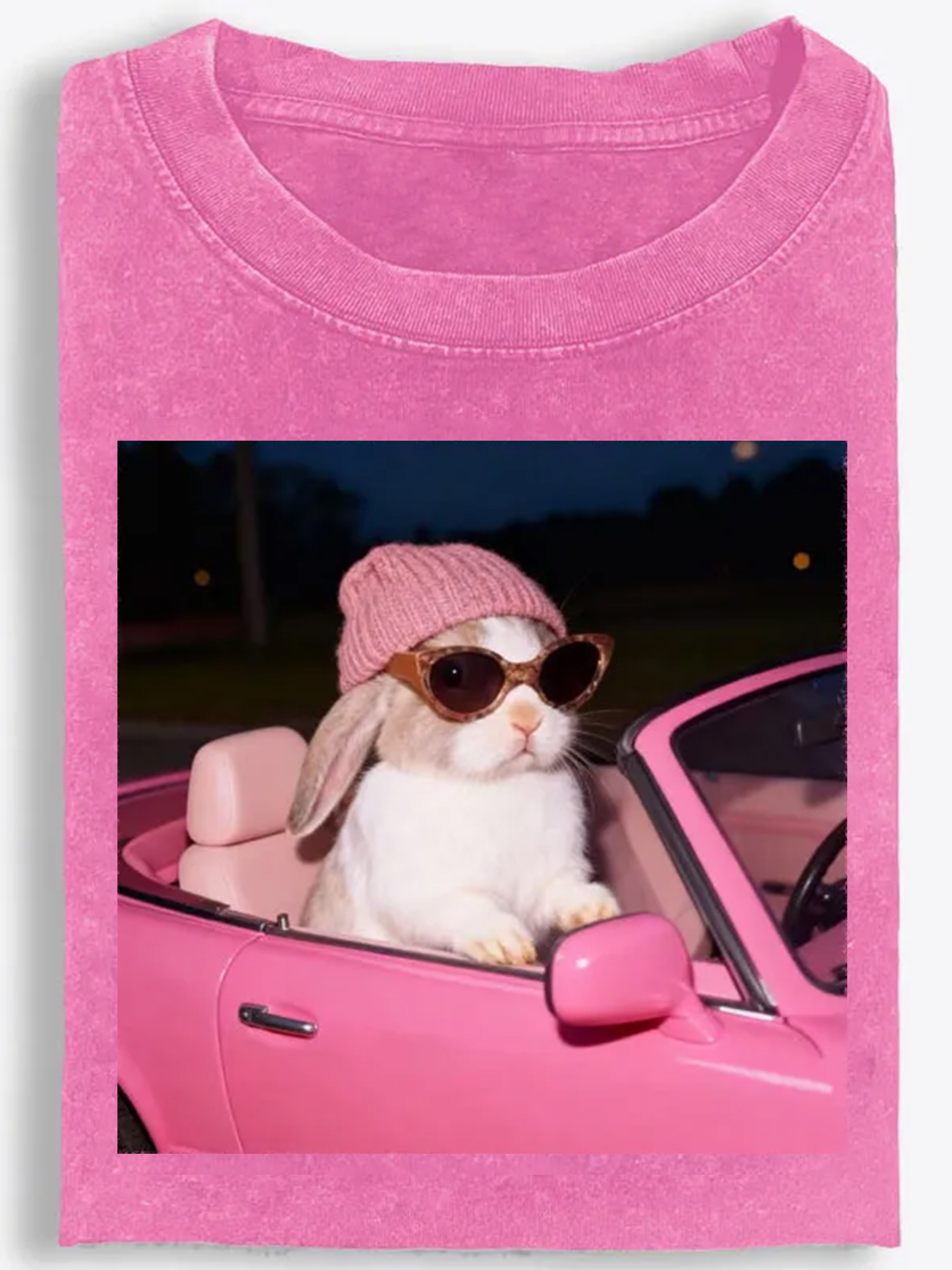 Bunny Driving Pink Car Vintage Washed T-Shirt 