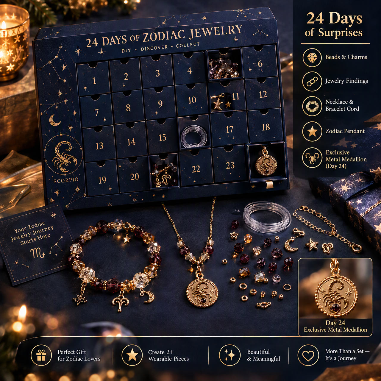 50% OFF | ✨ 24 Days Zodiac DIY Jewelry Advent Calendar – 24 Days of Beads & Charms 🌟