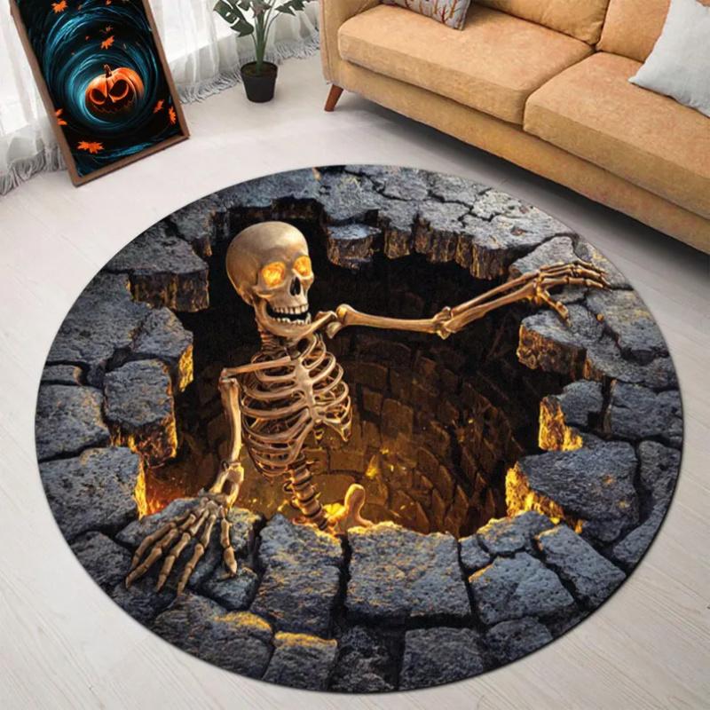 Printed Faux Skeleton Round Rug - Halloween Glam Modern Anti-Slip Crocheted Mat, Indoor Halloween Decorations for Haunted House Party