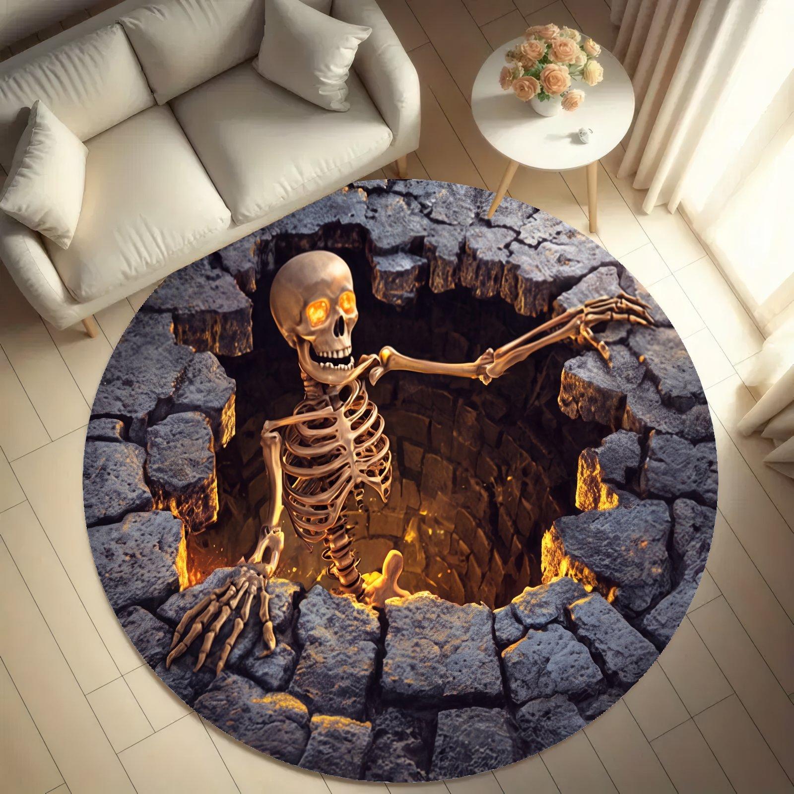 Printed Faux Skeleton Round Rug - Halloween Glam Modern Anti-Slip Crocheted Mat, Indoor Halloween Decorations for Haunted House Party