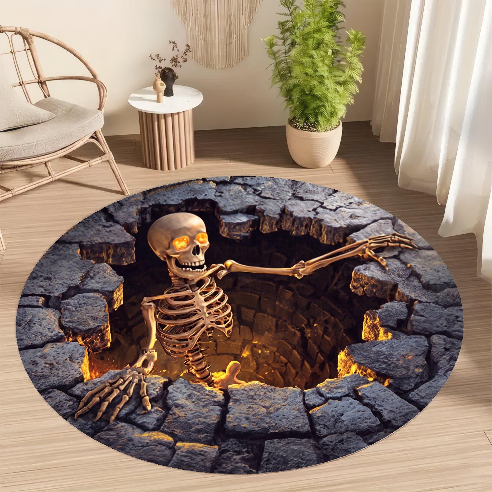 Printed Faux Skeleton Round Rug - Halloween Glam Modern Anti-Slip Crocheted Mat, Indoor Halloween Decorations for Haunted House Party