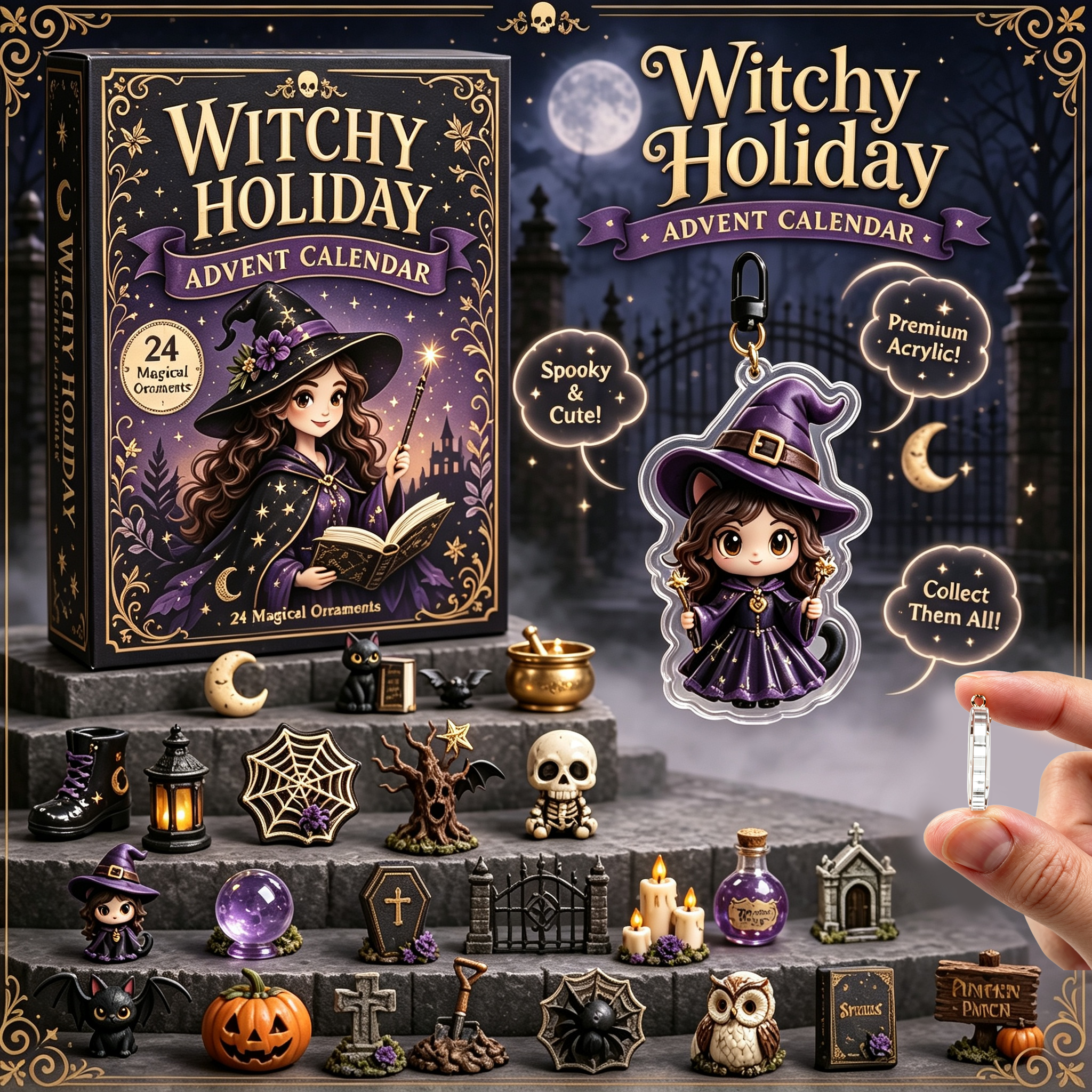 Spooky Graveyard Halloween Advent Calendar 2026 – 24-Day Countdown with Acrylic Charms