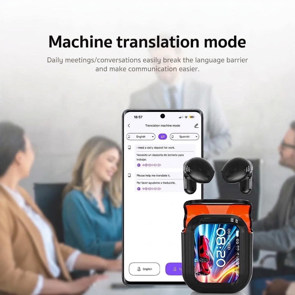Open In-Ear AI Translation Wireless Earbuds - NE20 Bluetooth 6.0, 130+ Language Translator, IPX5 Sweatproof for Running/Business, Black,With LED Touch Screen