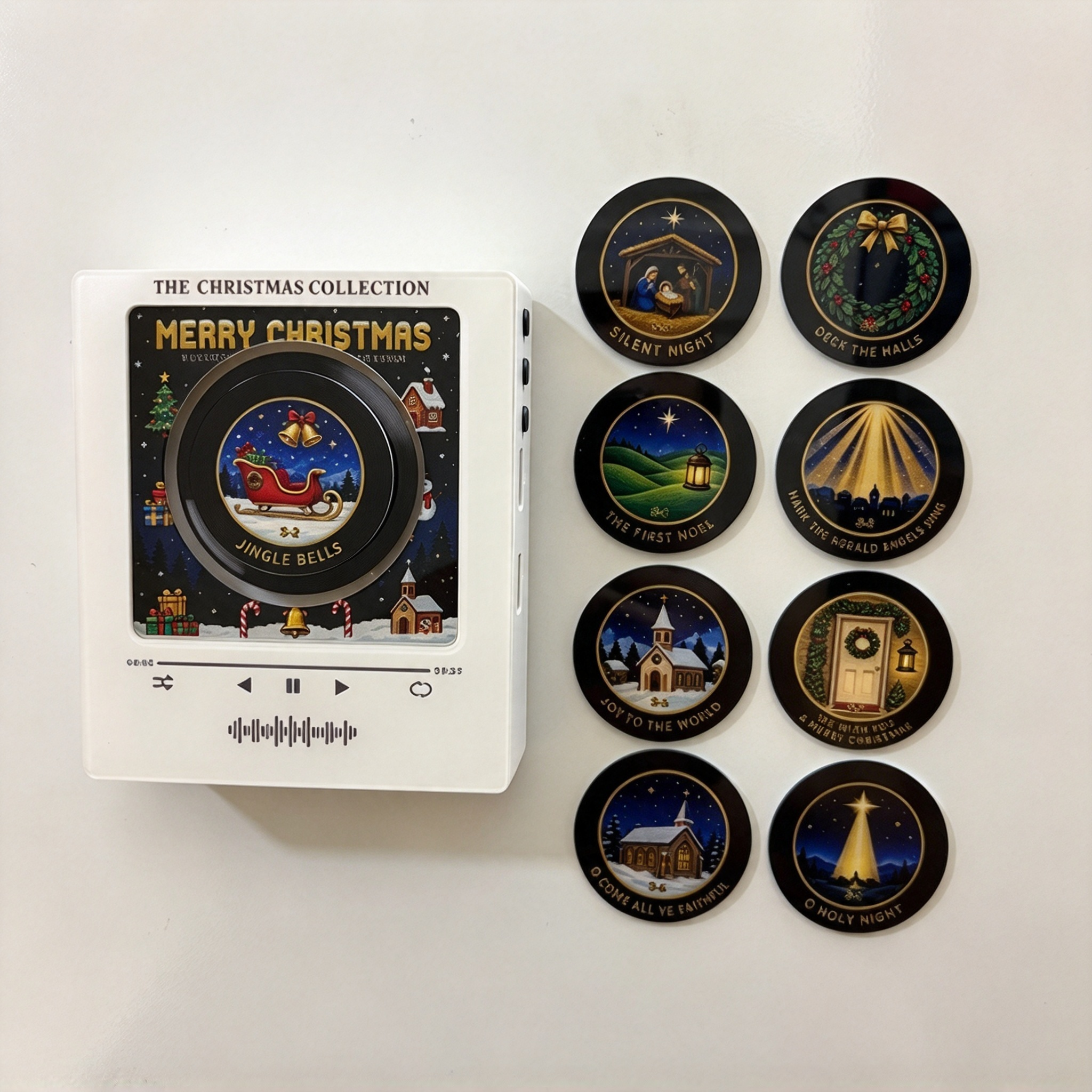 Mini vinyl player with nine NFC discs