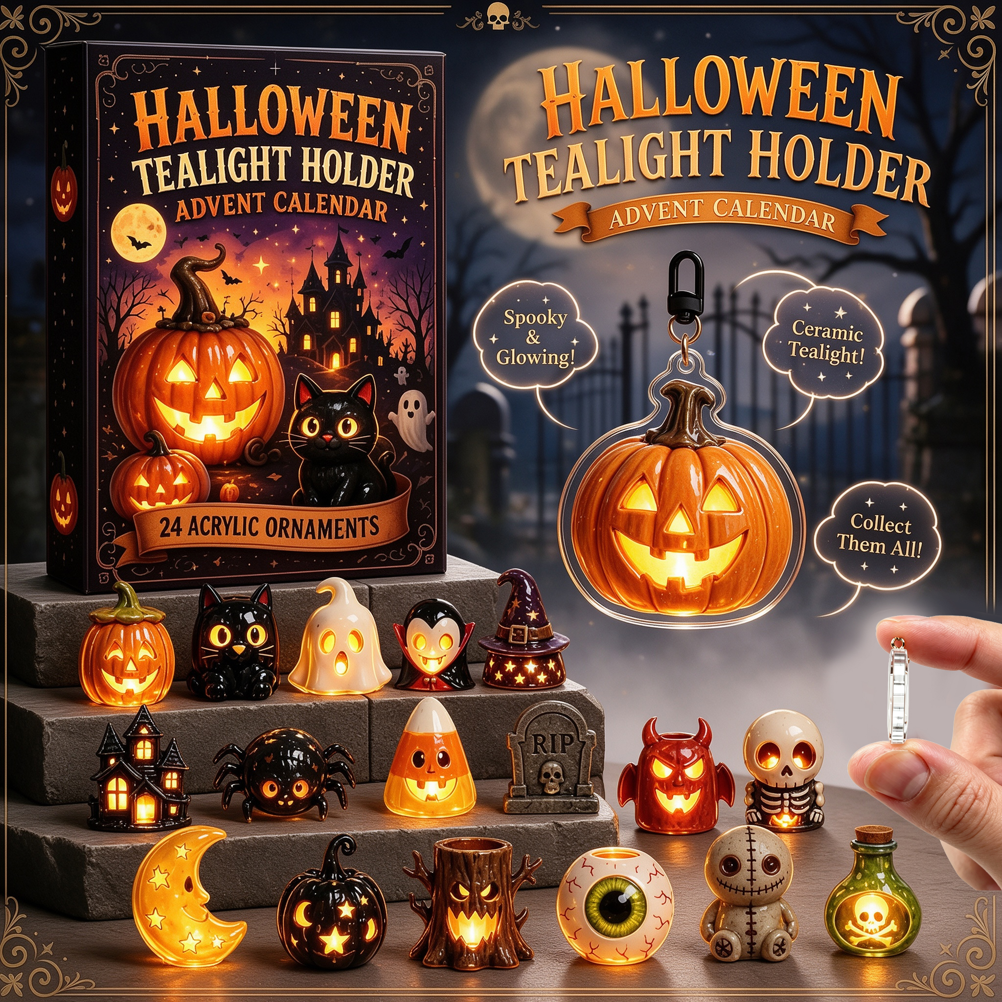 Spooky Graveyard Halloween Advent Calendar 2026 – 24-Day Countdown with Acrylic Charms