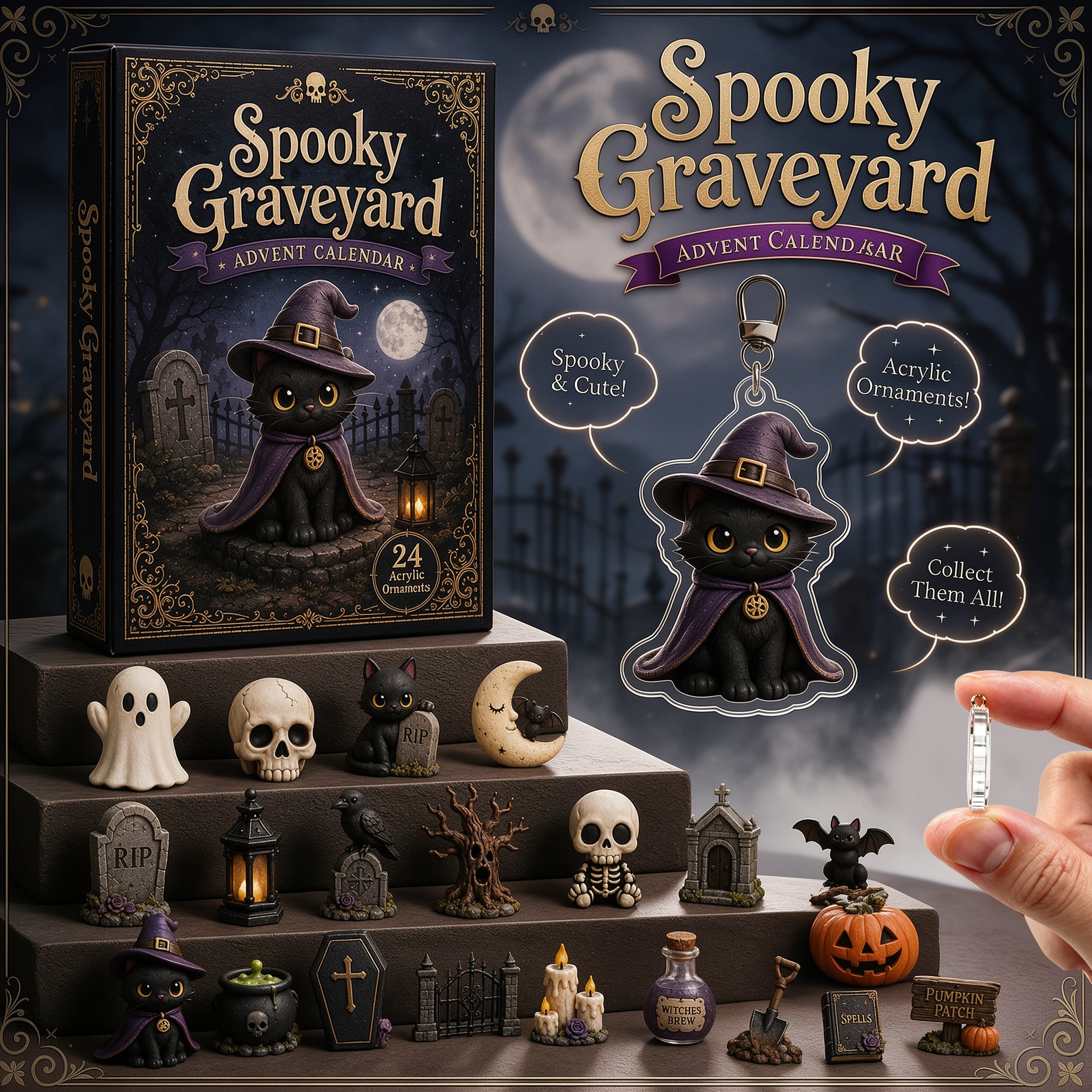 Spooky Graveyard Halloween Advent Calendar 2026 – 24-Day Countdown with Acrylic Charms
