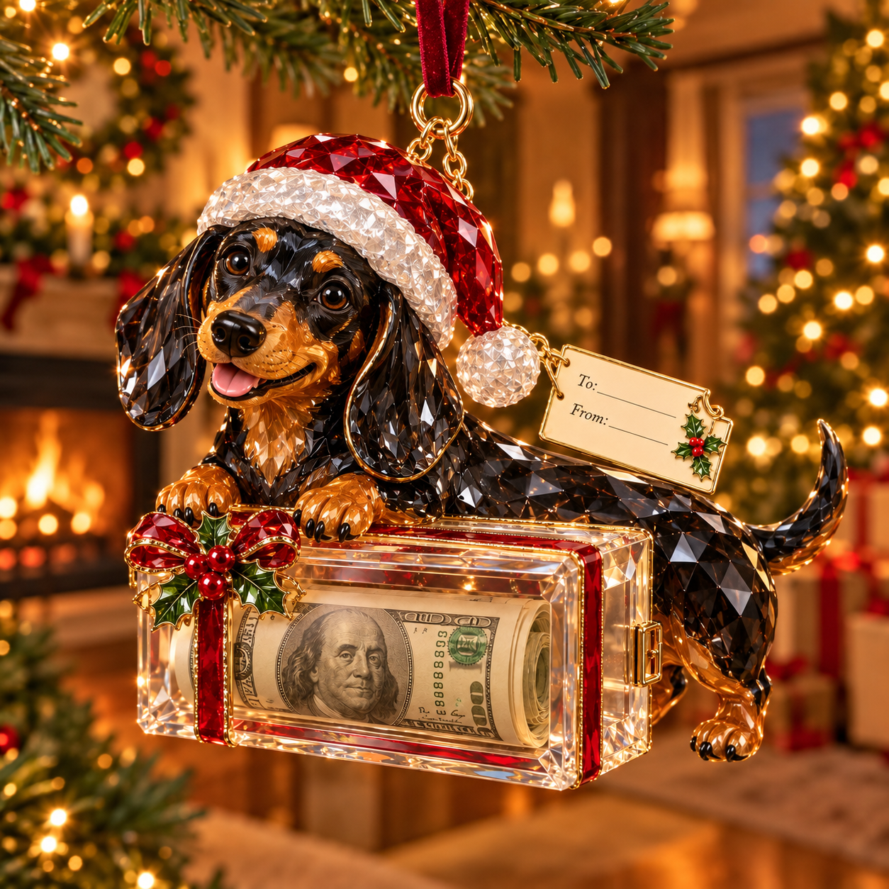 Crystal money holder ornaments on a Christmas tree