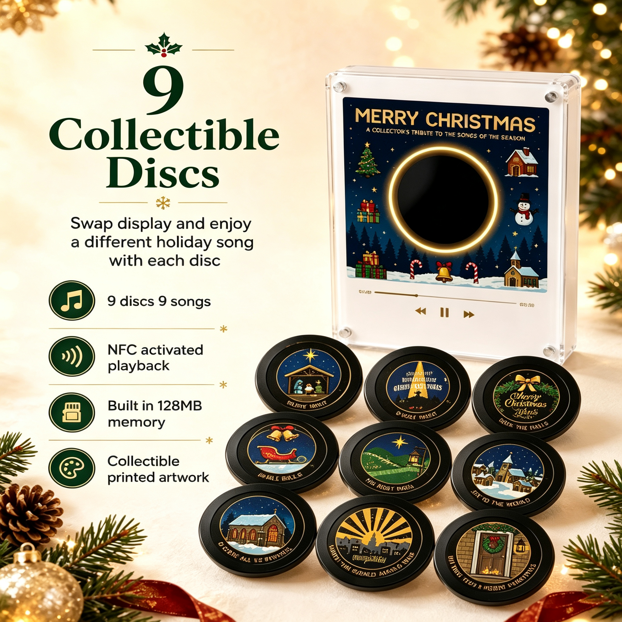 Custom Christmas Mini Vinyl Player with 9 Exchangeable Discs - Vintage Holiday Music Box & Perfect Christmas Gift for Music Lovers